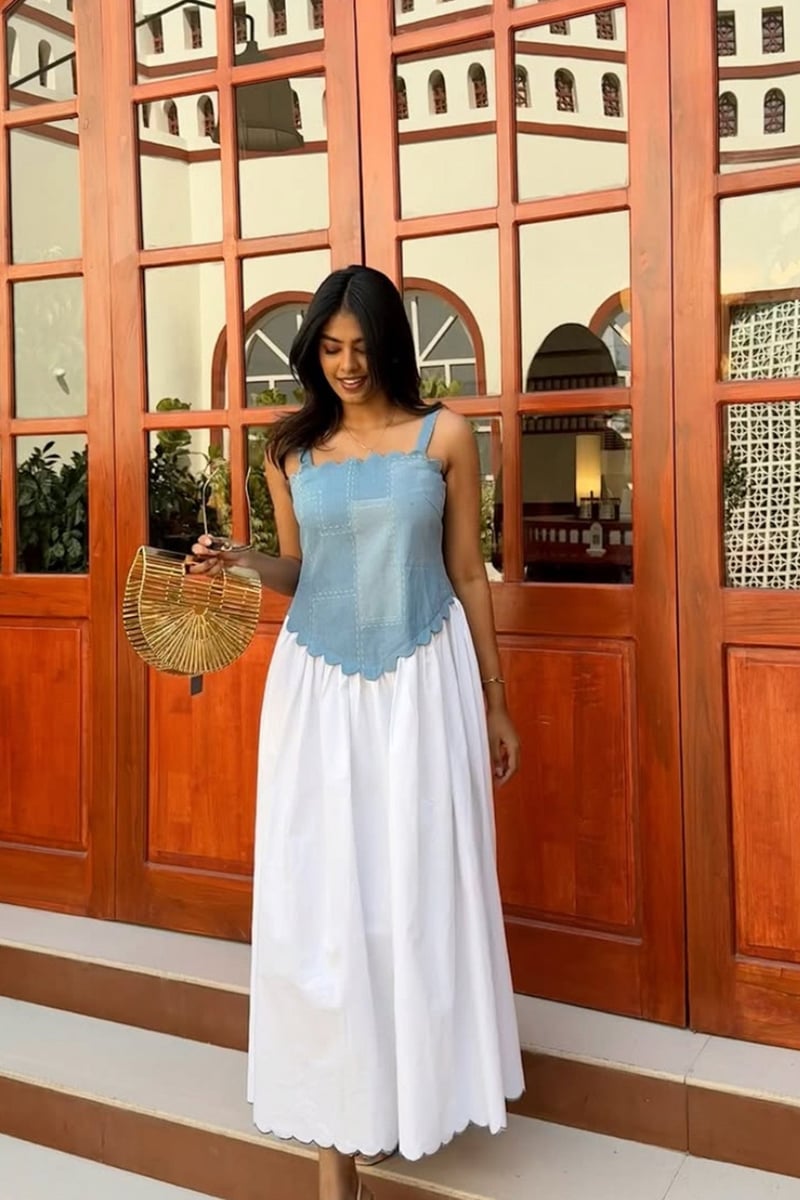 White and Blue Denim Corset Bodice Midi Dress