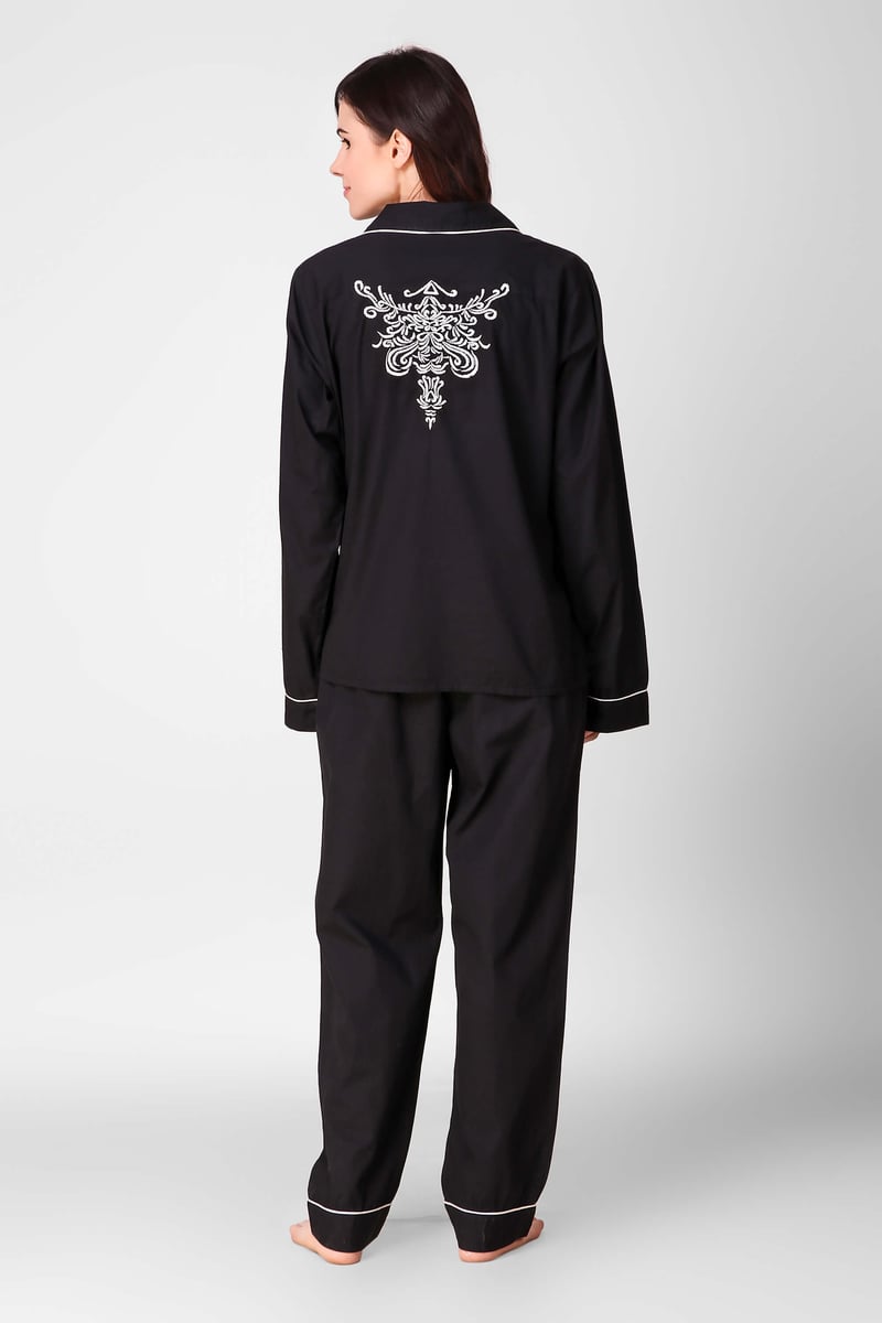 Black Cotton Poplin Pyjama Suit Set with Contrast Piping