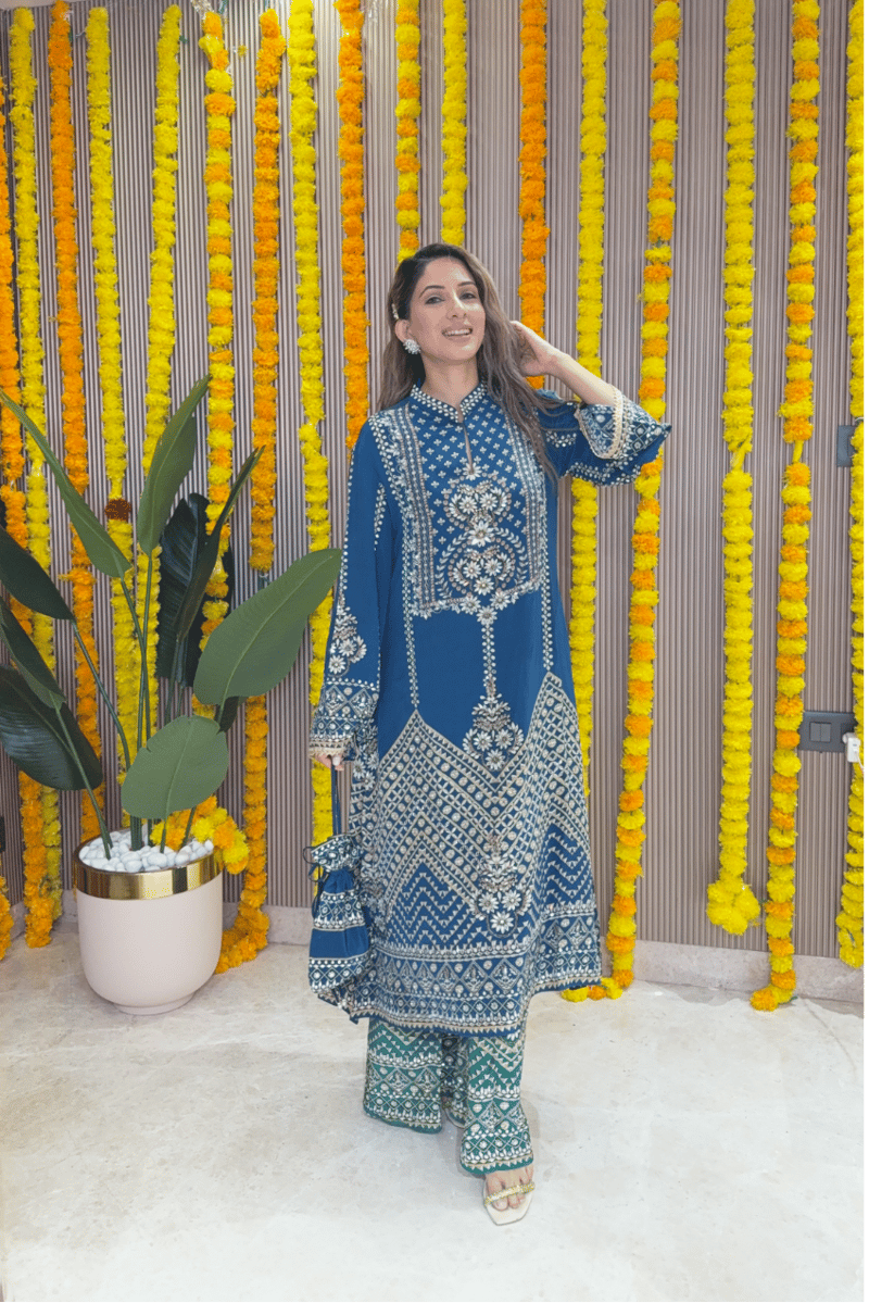 Teal & Emerald A-Line Printed Kurta Set with Palazzo