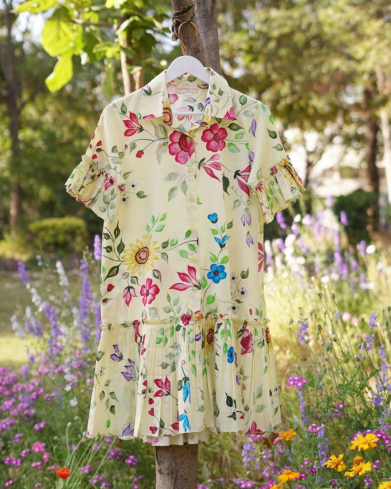 Yellow Floral Printed Tiered Mini Shirt Dress