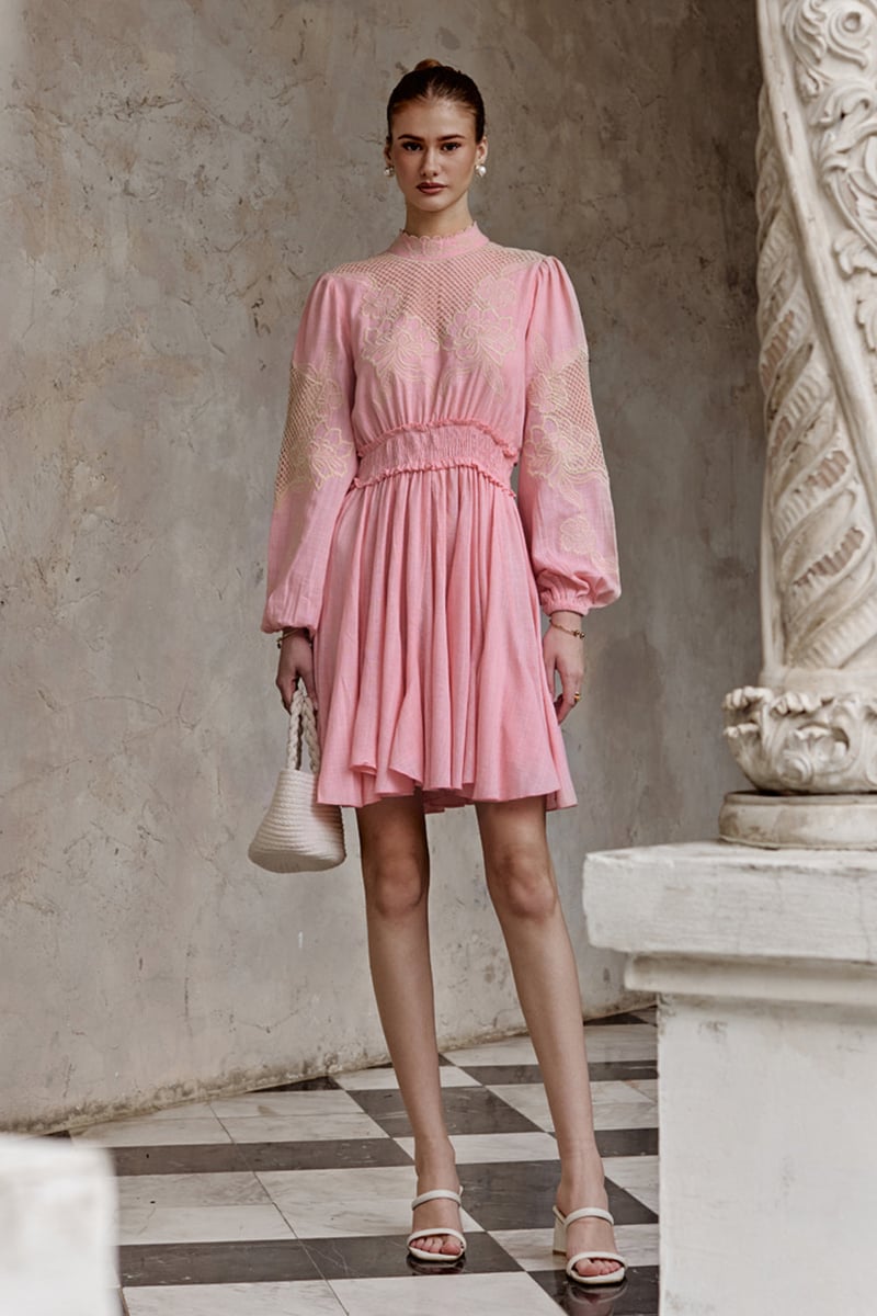 Pastel Hue Delicate Cutwork Embroidered Flowers Dress