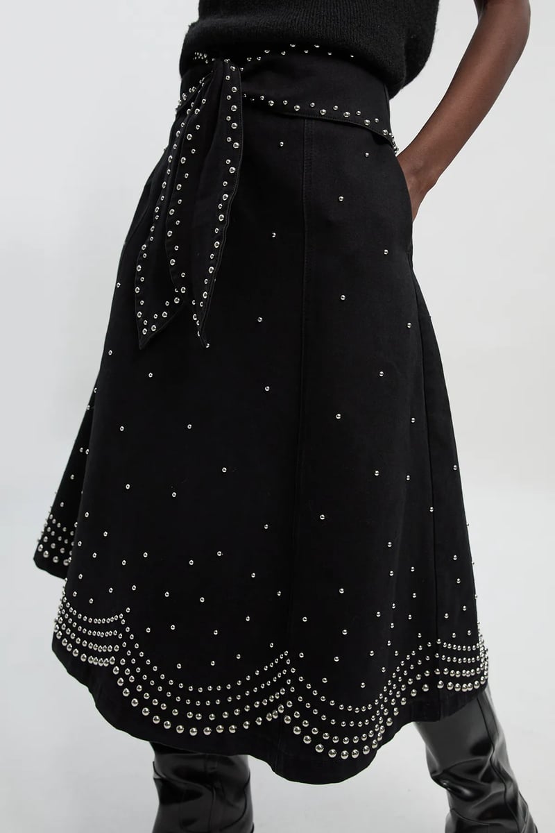 Black Stud-Embellished A-Line Midi Skirt