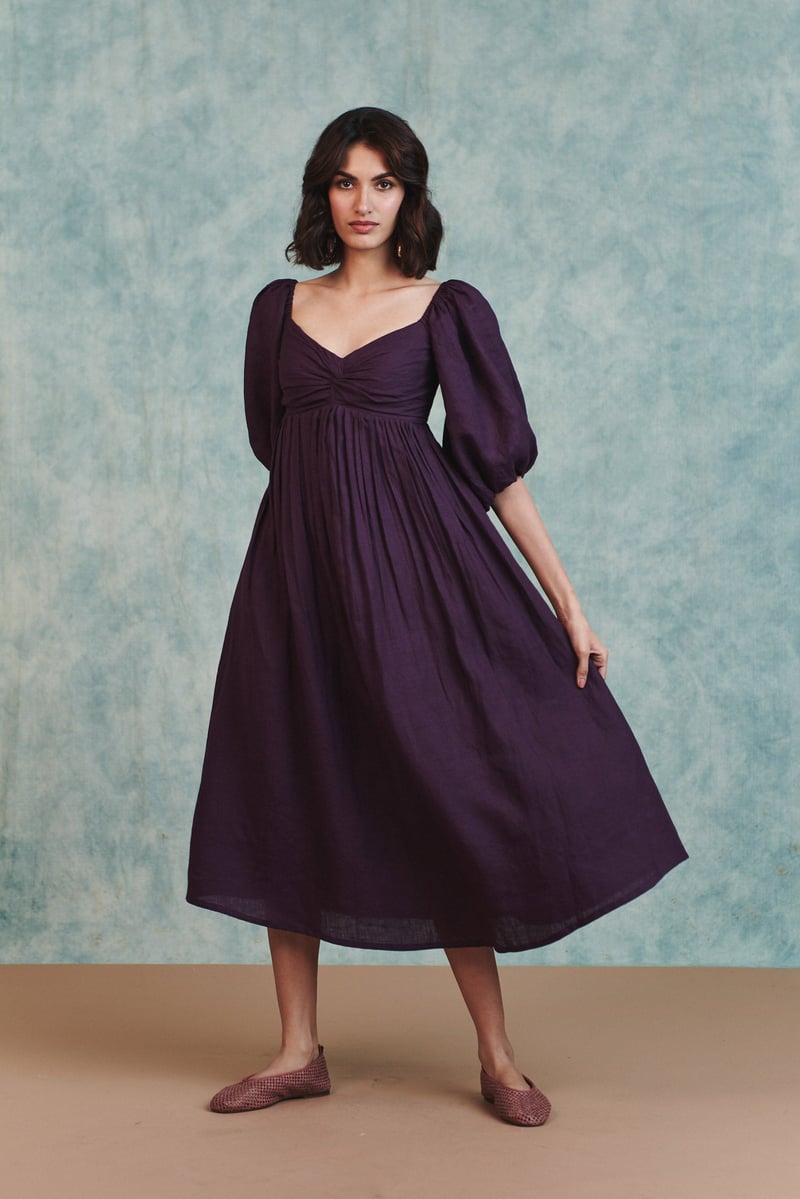 Plum Linen Front Twist Dress — Saphed