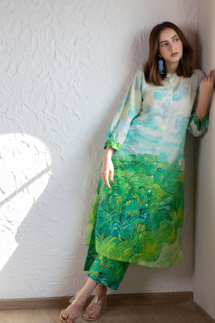 Multicolor Printed Button-Down Kurta Set with Pants