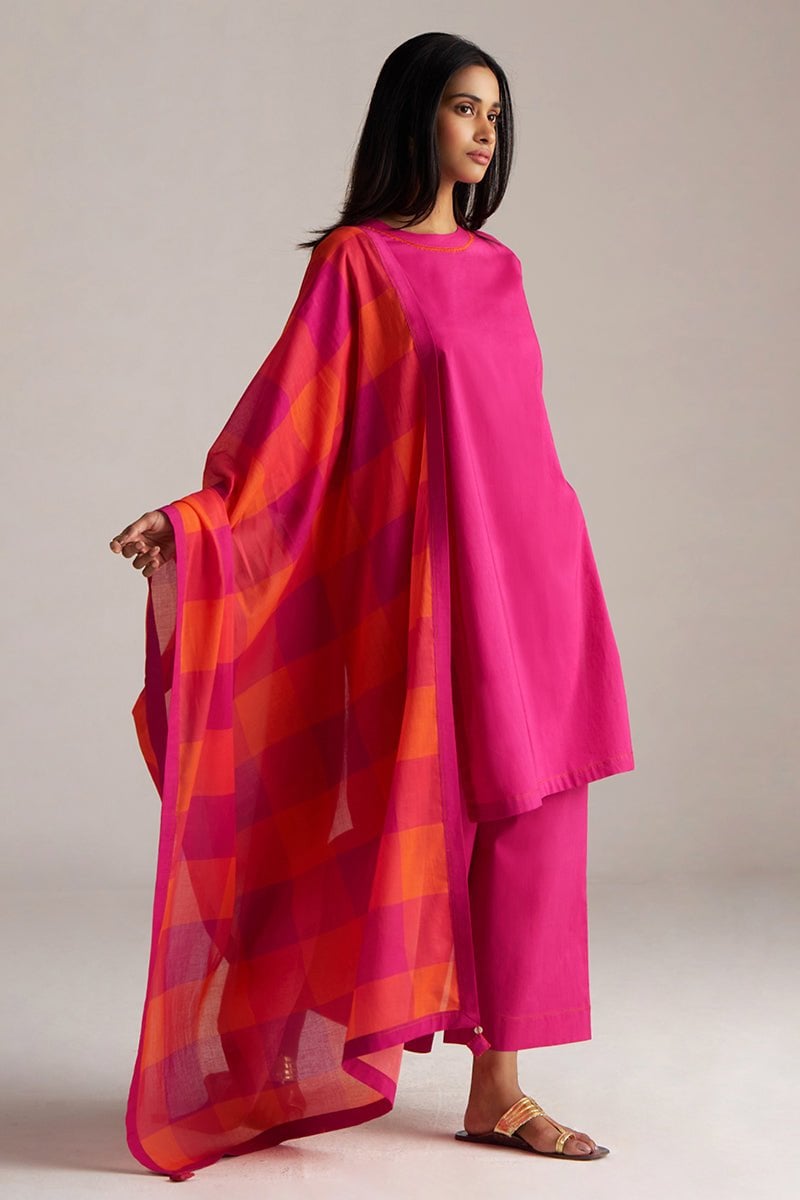 Fuchsia Straight Kurta and Wide-Leg Pants Set with Dupatta
