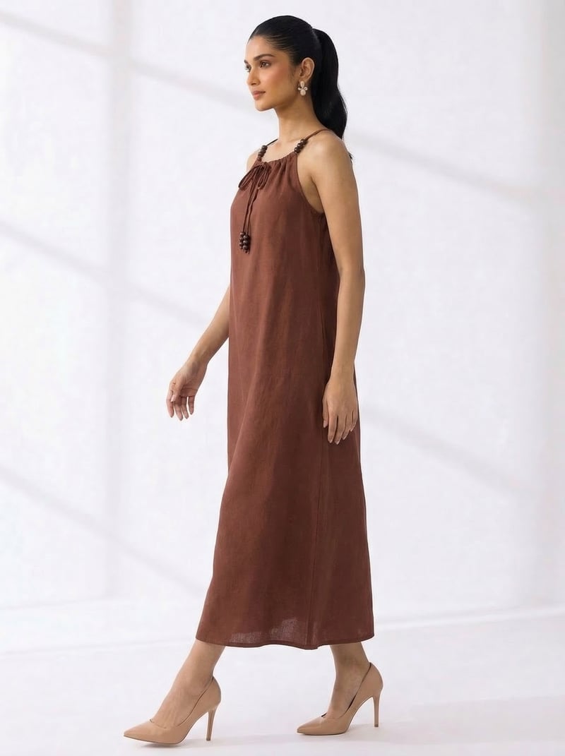 Brown Cotton Midi Slip Dress with Tie Neck