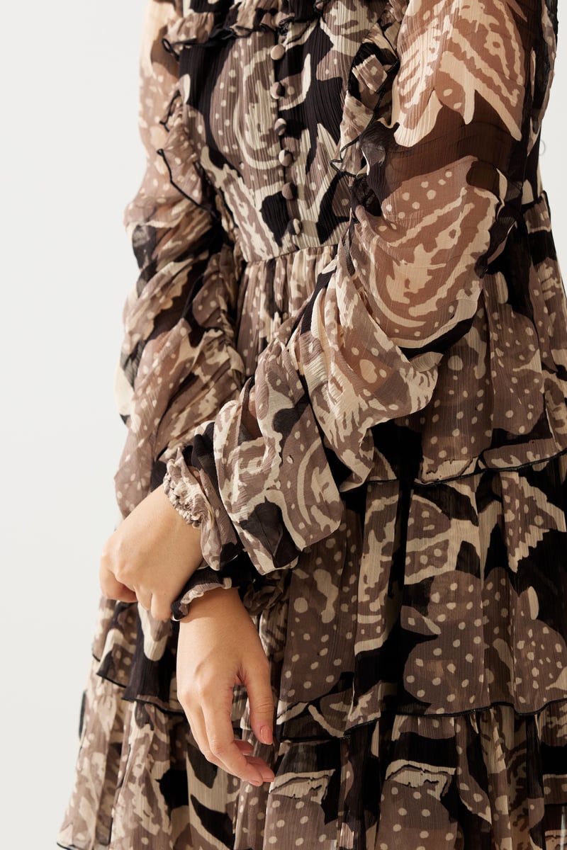Dark Brown And Cream Floral Short Dress