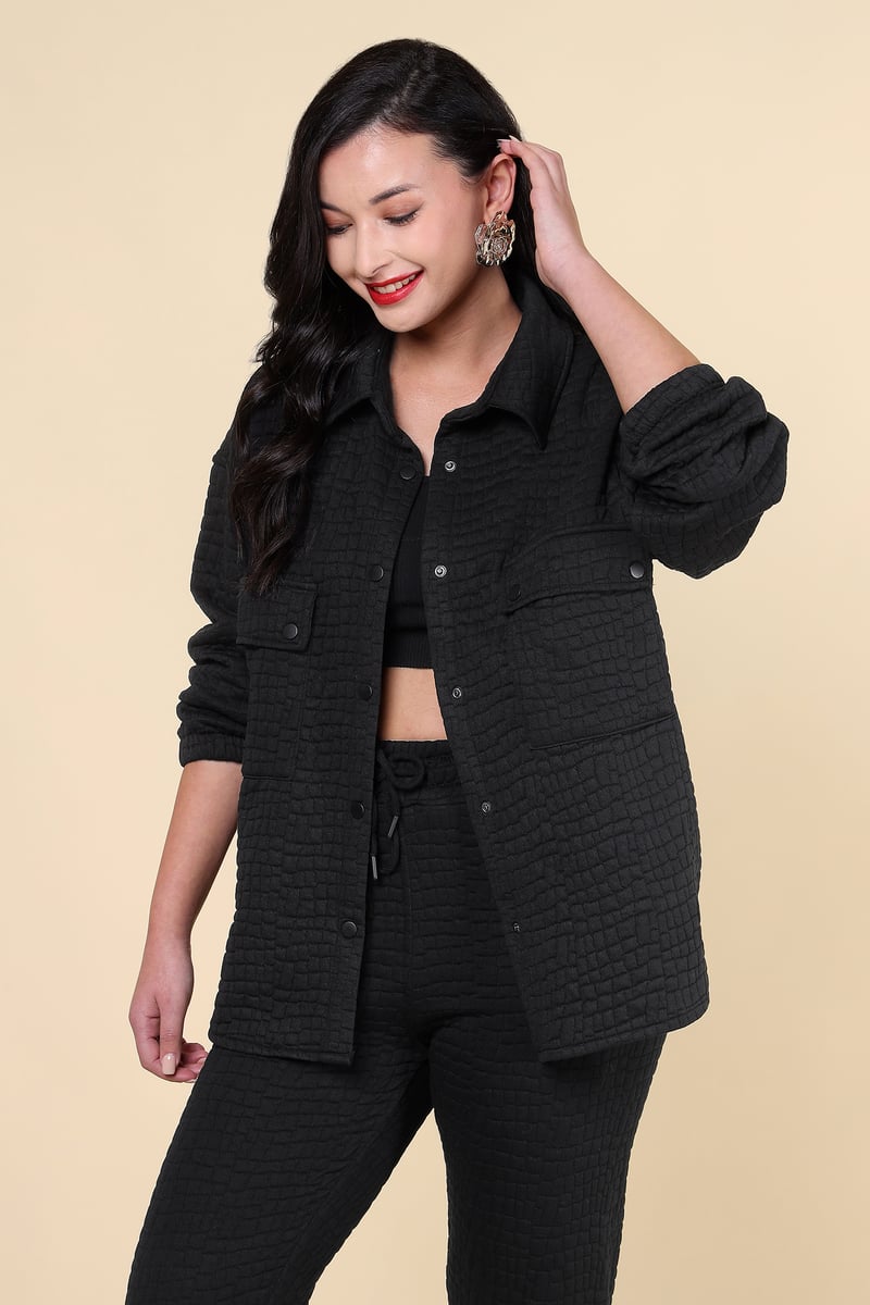 Black Quilted Shirt Jacket and Tapered Pants Co-ord Set