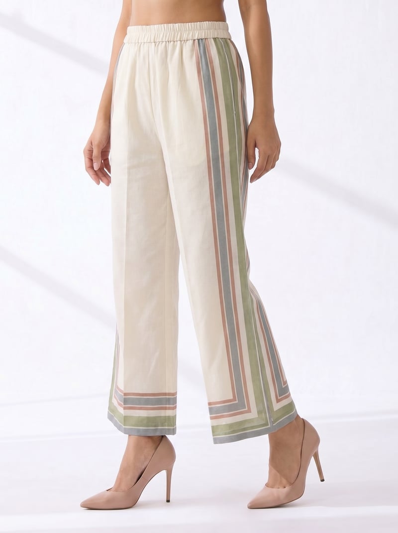 Off-White Linen Wide-Leg Trousers with Border Stripes
