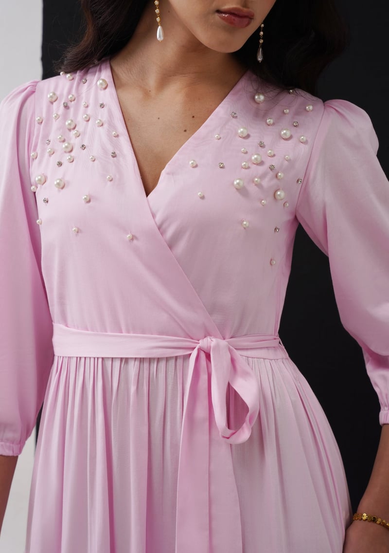 Baby Pink Embellished Tiered Wrap Midi Dress