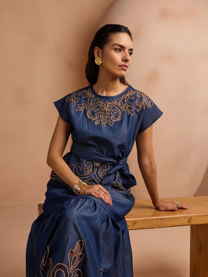 Blue Cotton Denim Cutwork Embroidered Belted Top