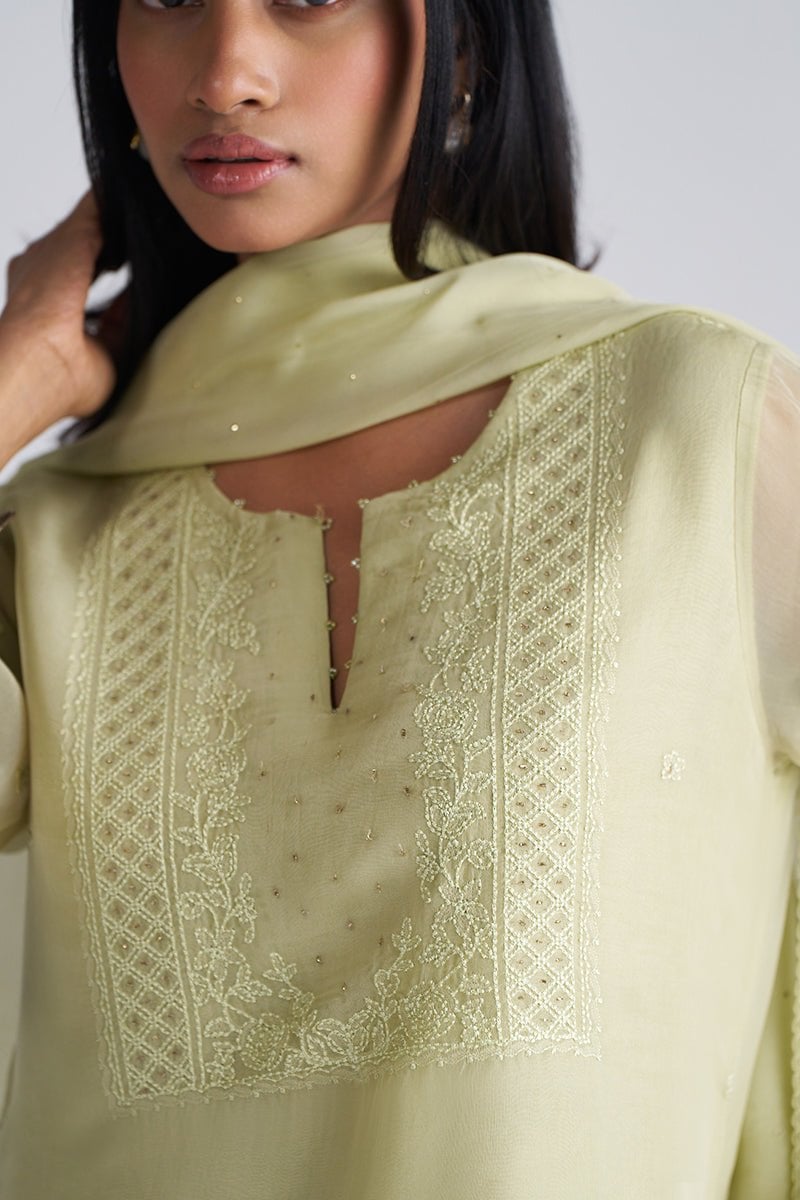 Pista Milk Sheer Kora Silk Embroidered Kurta Set