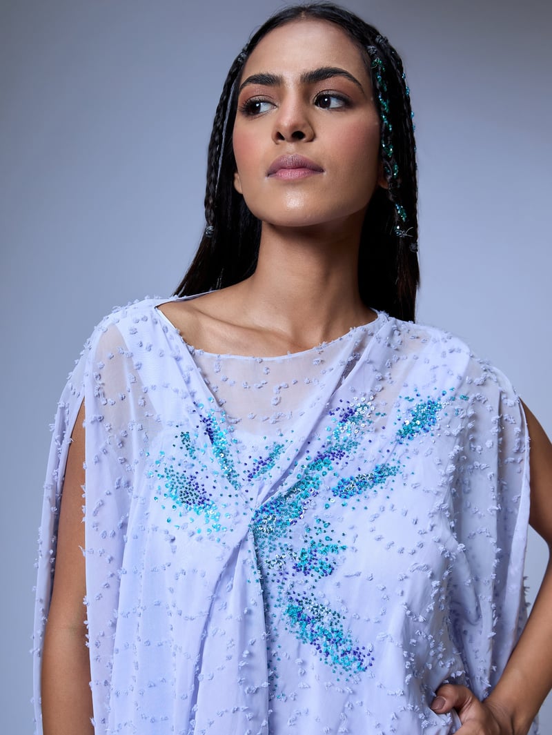 Blue Embellished Kaftan Kurta Set with Flared Pants