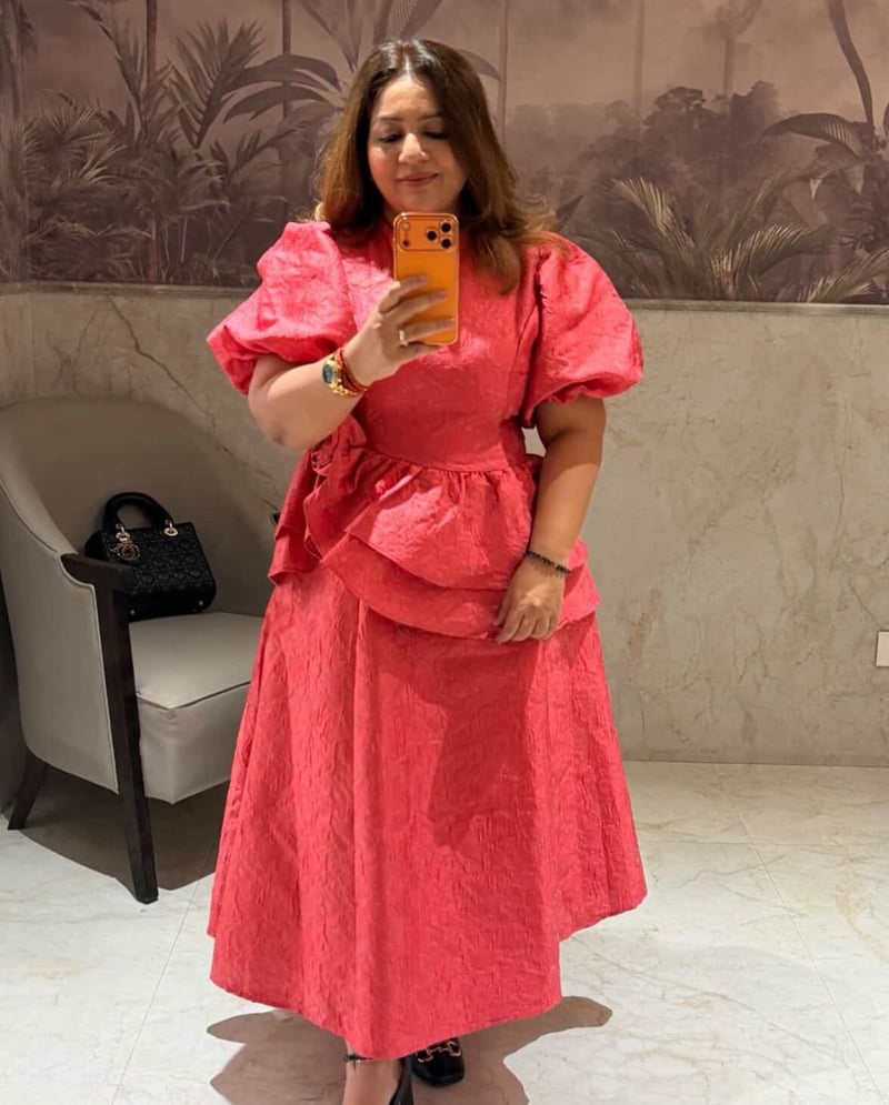 Pink Floral Jacquard Puff Sleeve Midi Dress