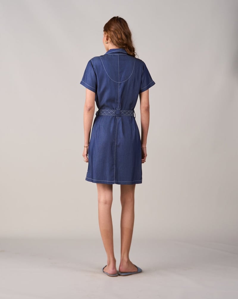 Blue Tencel Denim Belted Mini Shirt Dress