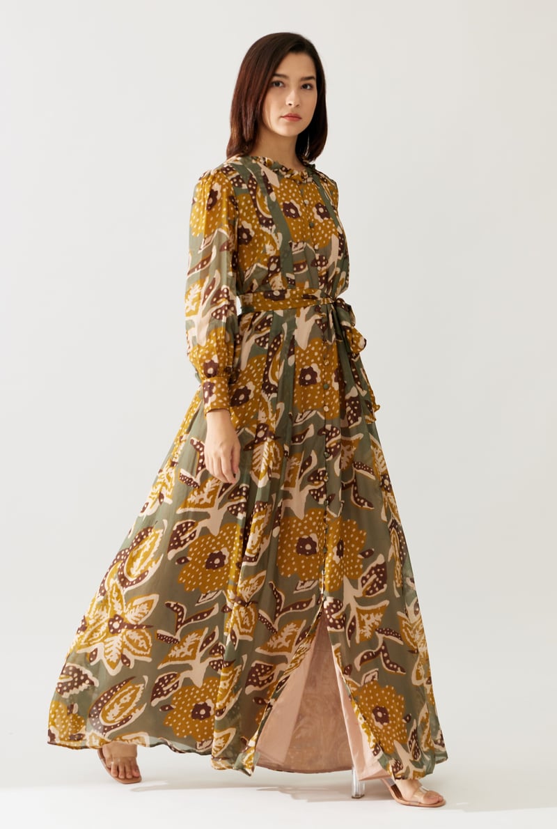 Olive And Mustard Floral Long Dress