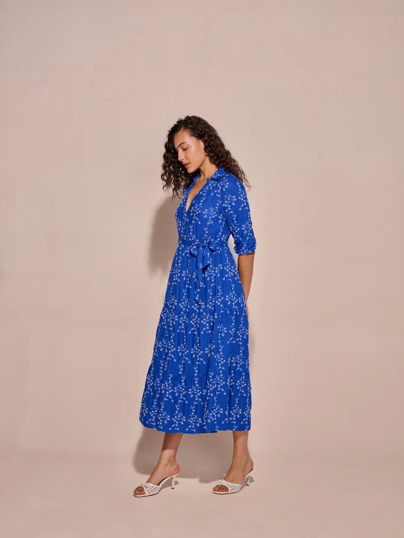 Blue Floral Print Belted Tiered Midi Shirt Dress
