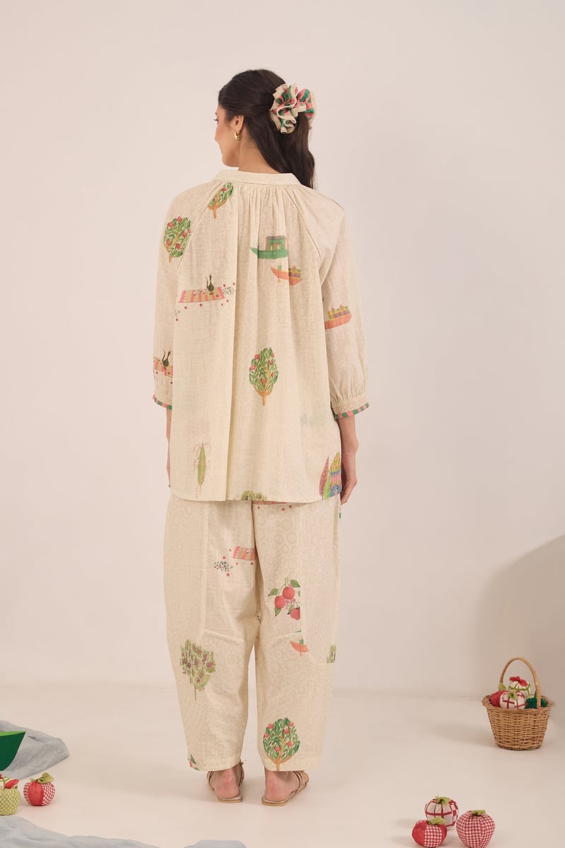 Cream Printed Cotton Tunic and Straight Pants Co-ord Set