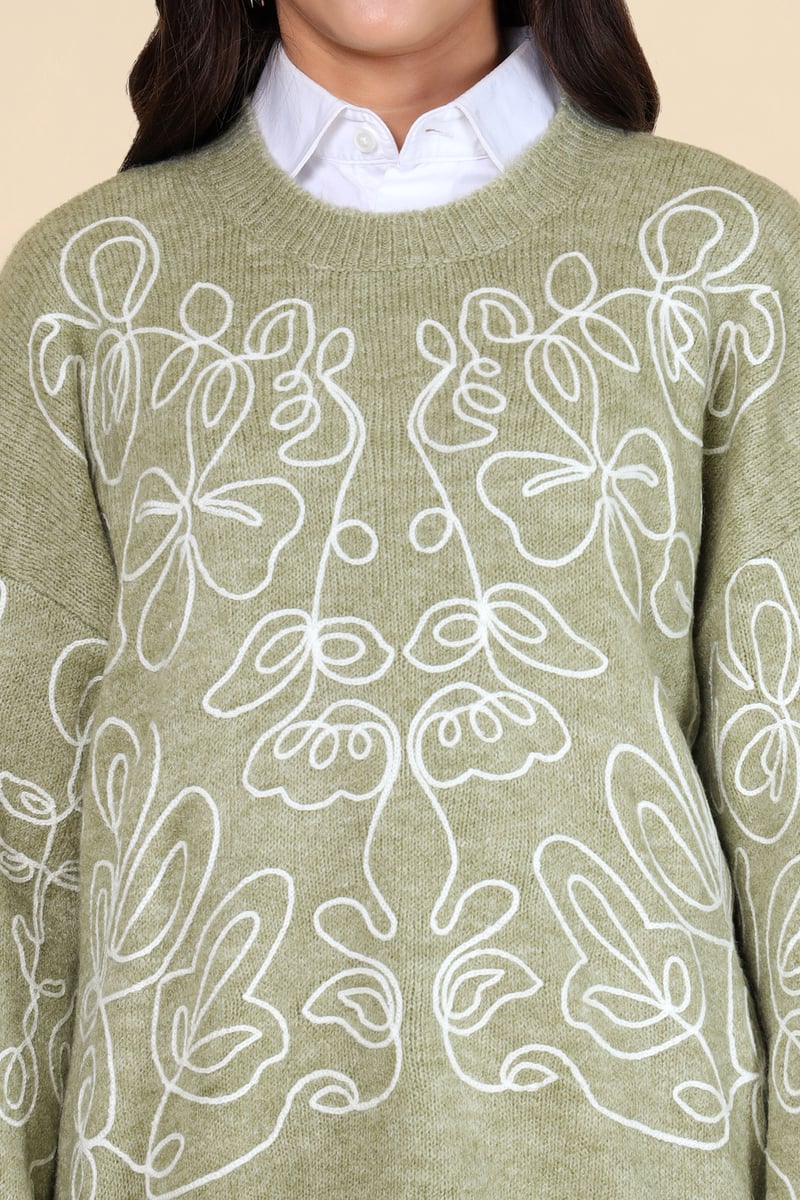 Green Abstract Line-Art Floral Crew Neck Sweater