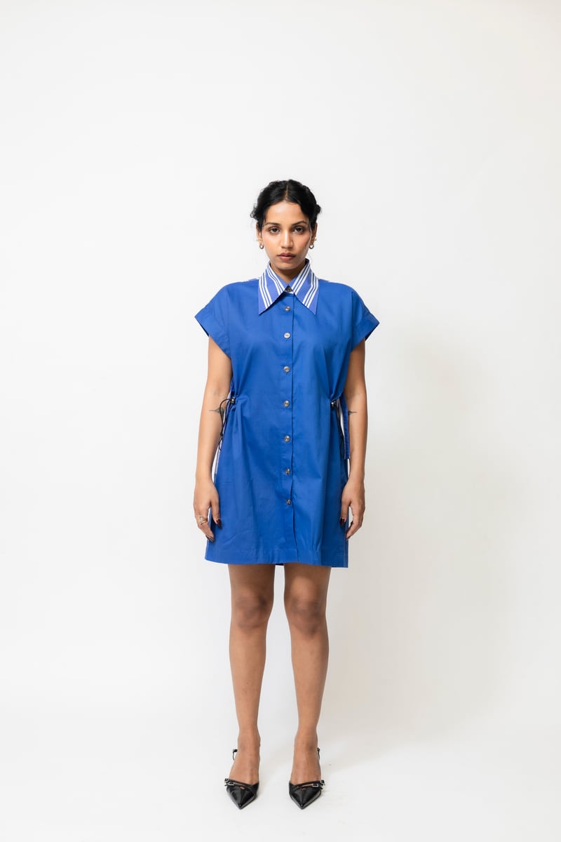 Blue Cotton Mini Shirt Dress with Adjustable Cinch Waist
