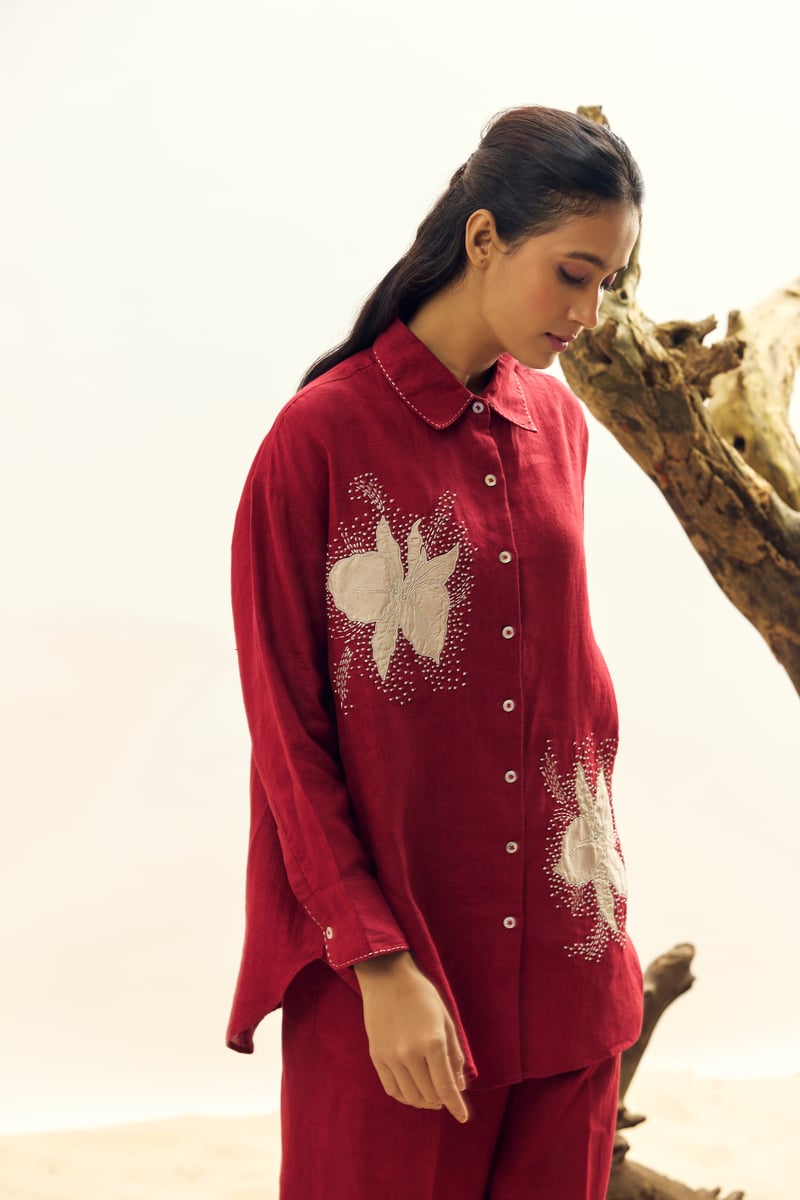 Crimson Linen Shirt and Trousers Co-ord Set