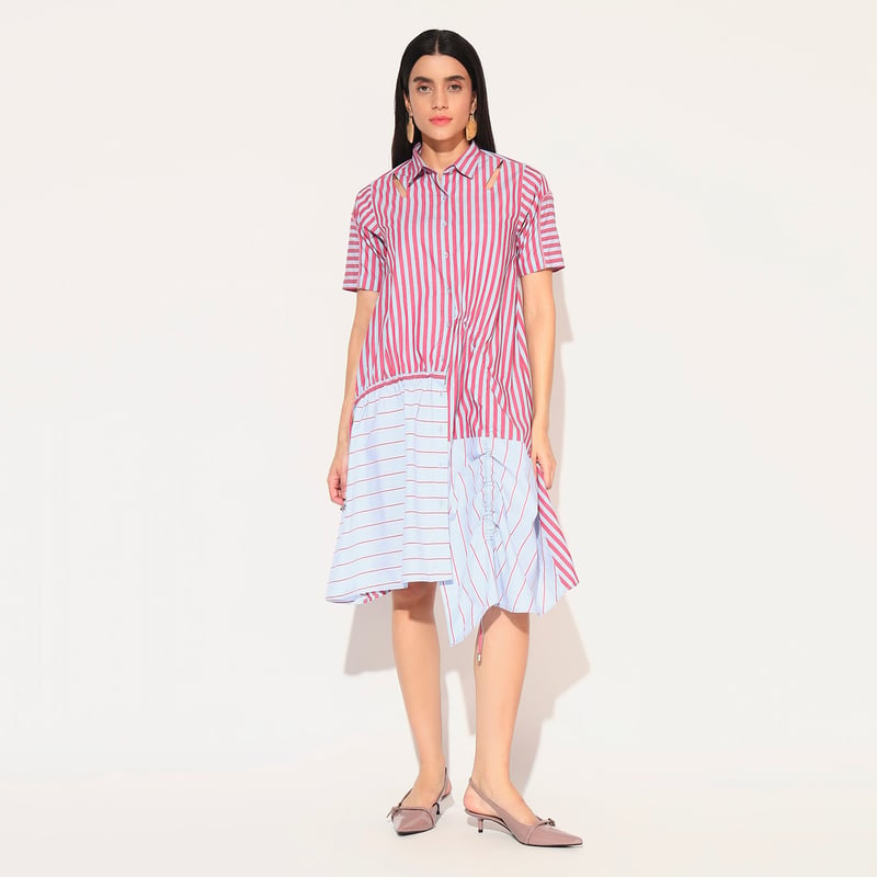 Red and Blue Colorblocked Striped Shirt Dress