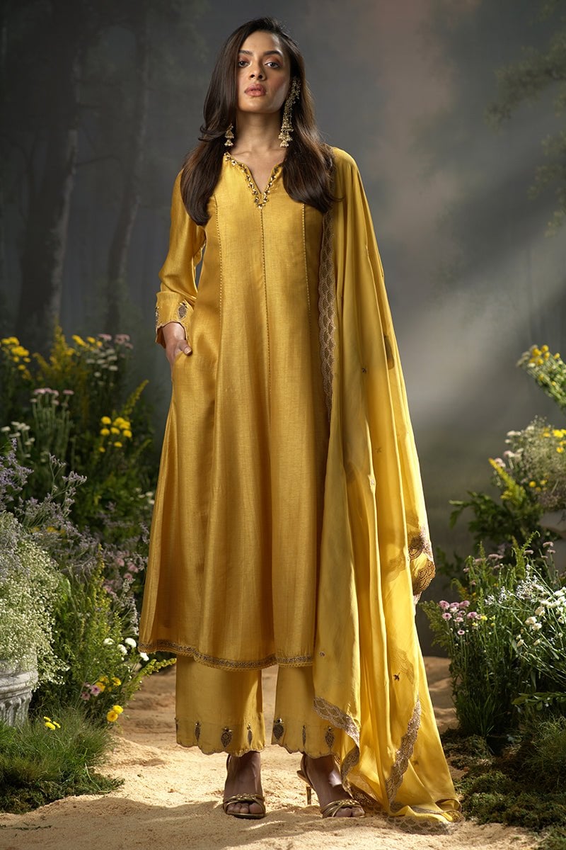 Honey Gold Raw Silk Anarkali Kurta Set with Dupatta