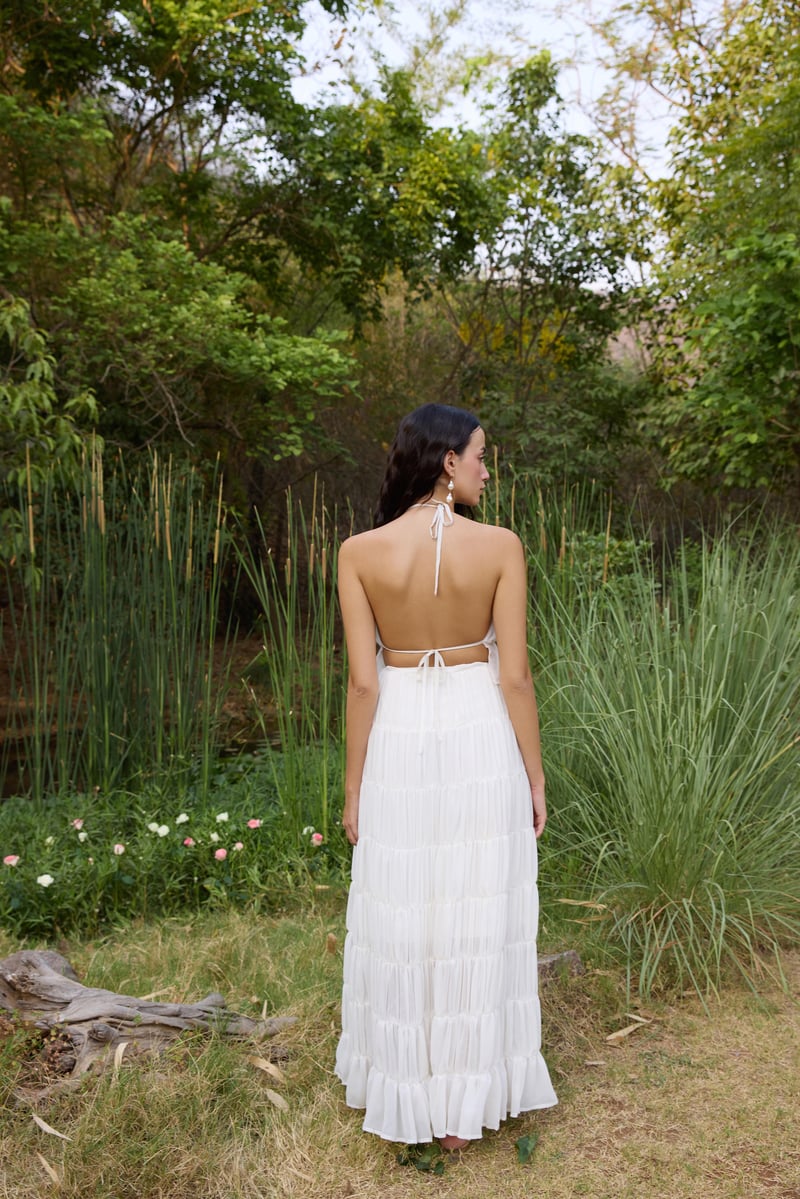 White Tiered Gathered Maxi Skirt with Drawstring Waist