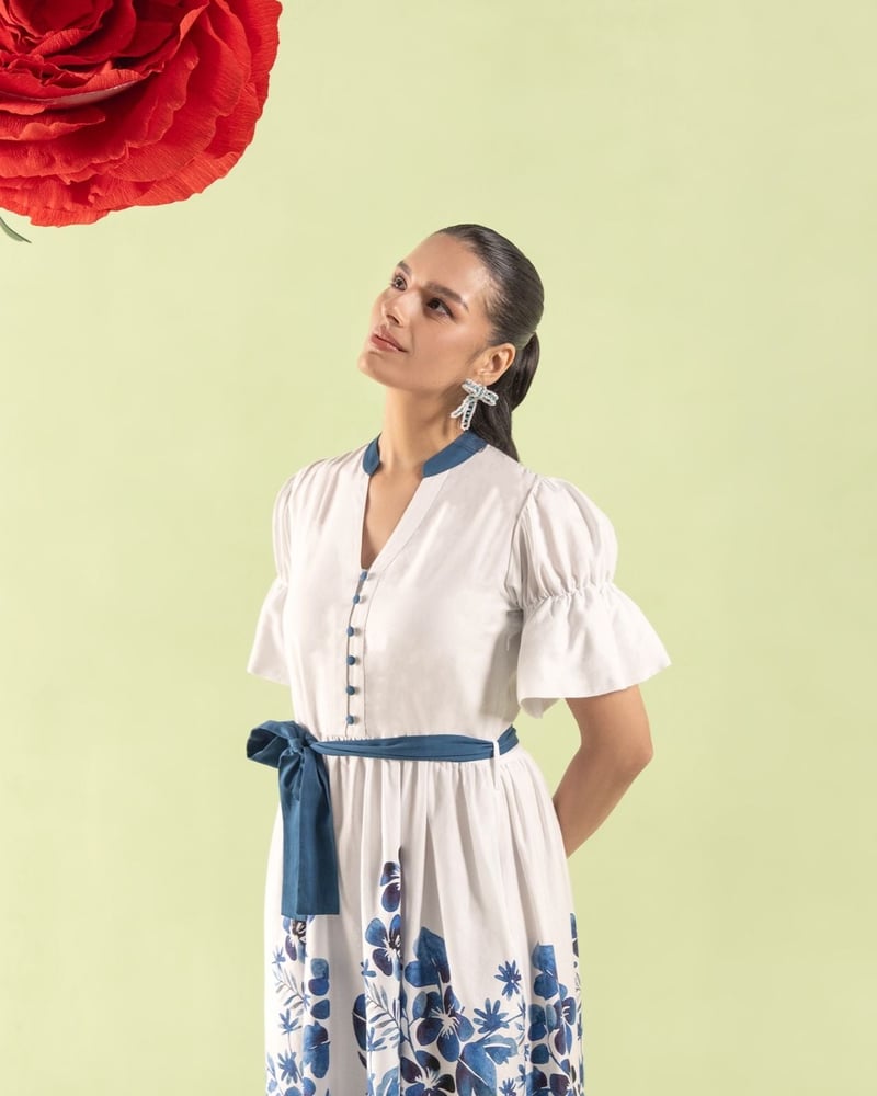 Blue/White Floral Midi Shirt Dress with Tie Belt