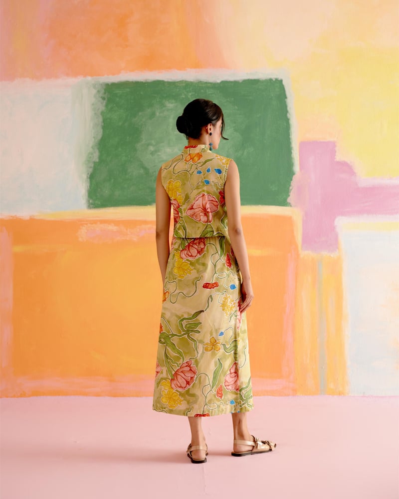Multicolor Floral Cotton Poplin Co-ord Set with Midi Skirt