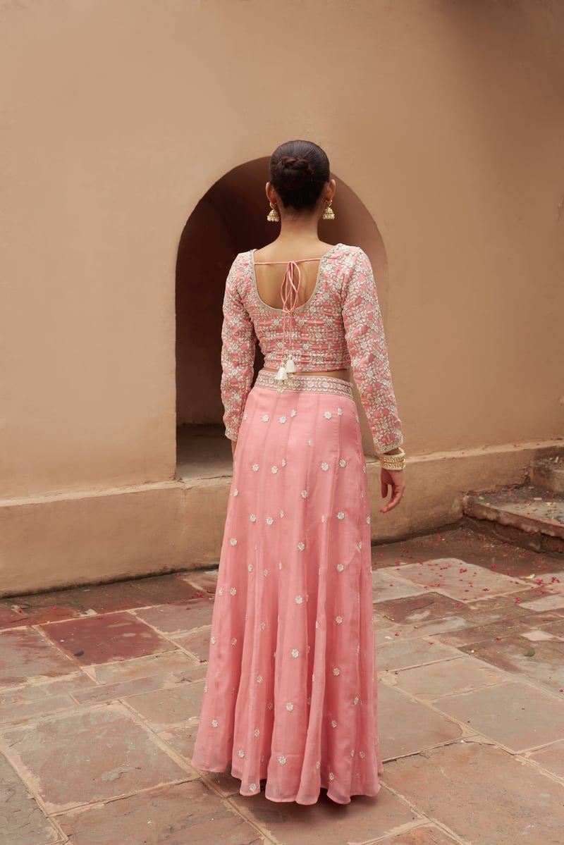 Pink Organza Embroidered Lehenga Set with Dupatta