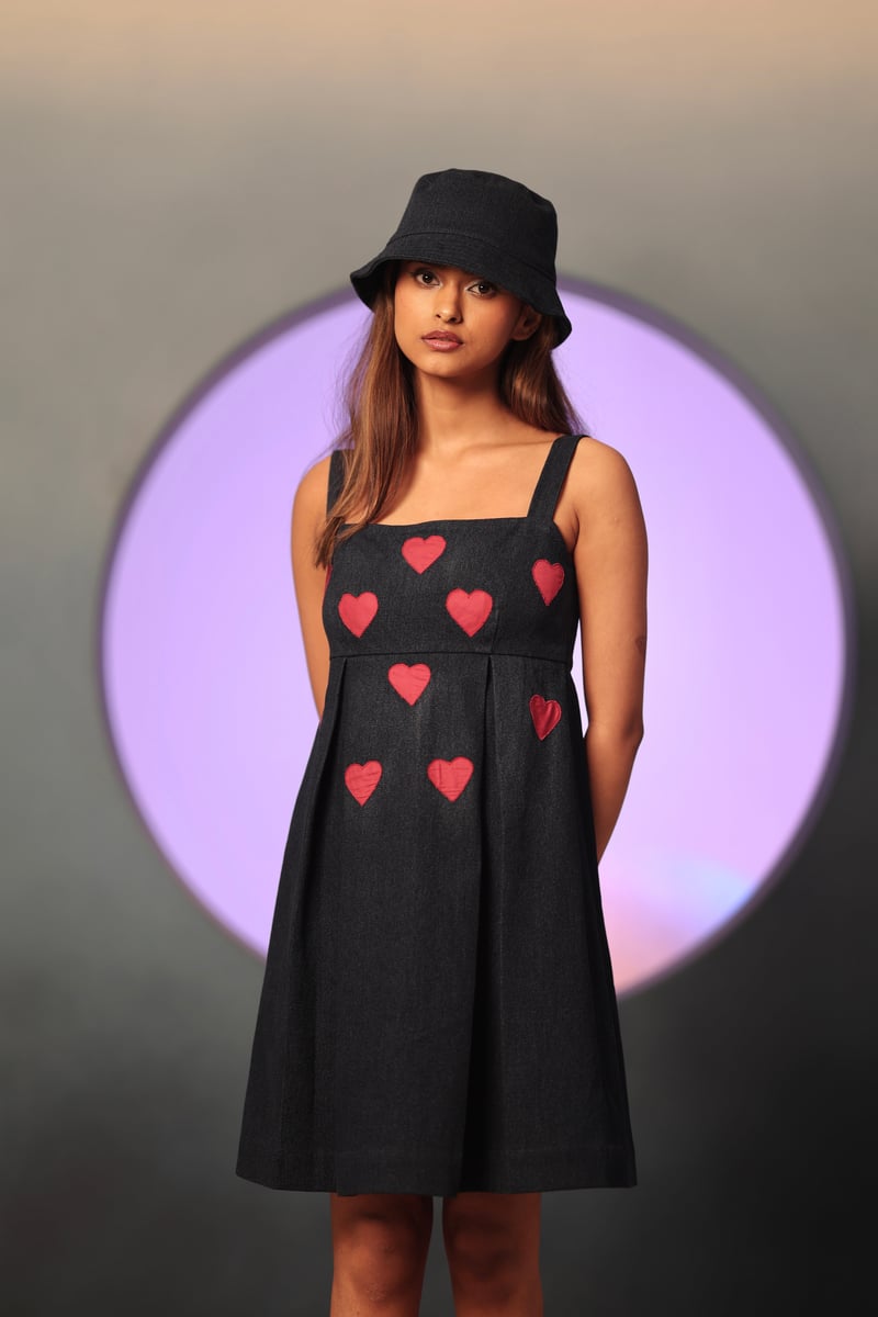 Blue Denim Square Neck Mini Dress with Heart Motif