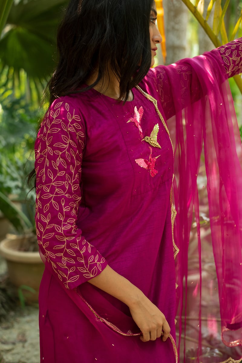 Pink A-Line Embroidered Kurta Set With Palazzo And Dupatta