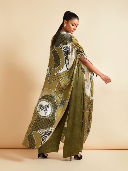 Olive Green Printed Cape Top and Pants Co-ord Set