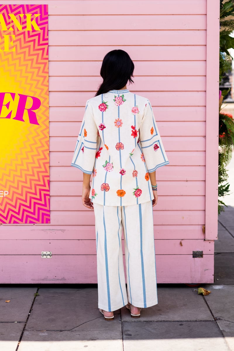 Cream Floral Printed Linen-Cotton Co-ord Set
