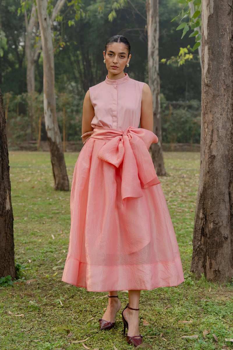 Blush Pink Satin Dress and Organza Bow Skirt Co-ord Set