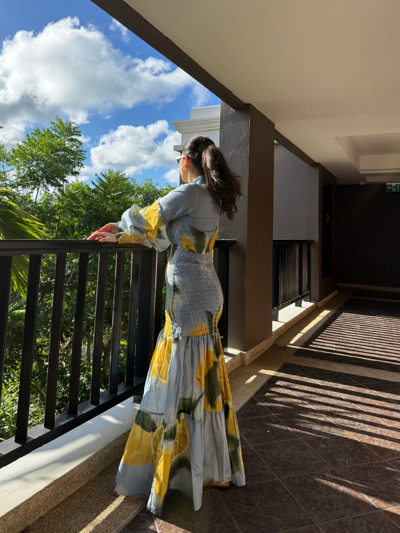 Blue Lemon Print Collared Tiered Maxi Dress