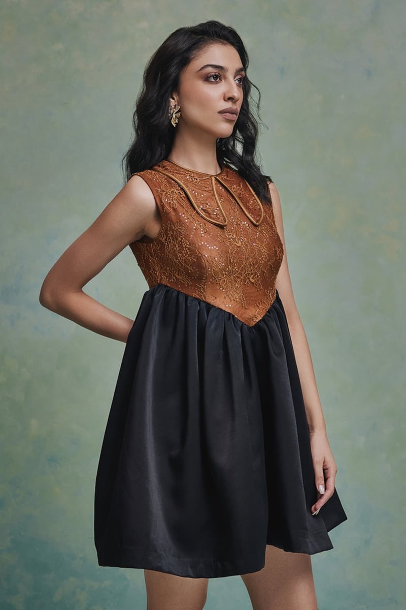 Black and Gold Two-Tone Lace Bodice Mini Dress