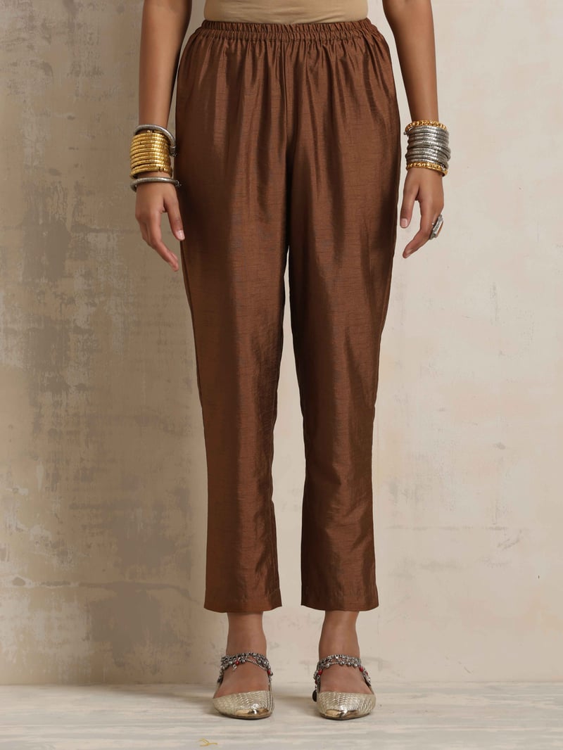 Brown Silk Blend A-Line Kurta Set with Pants