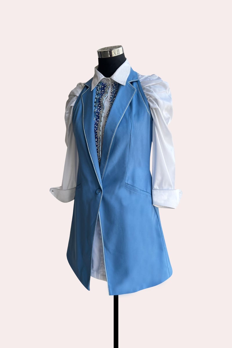 White and Blue Colorblocked Embellished Blazer Dress