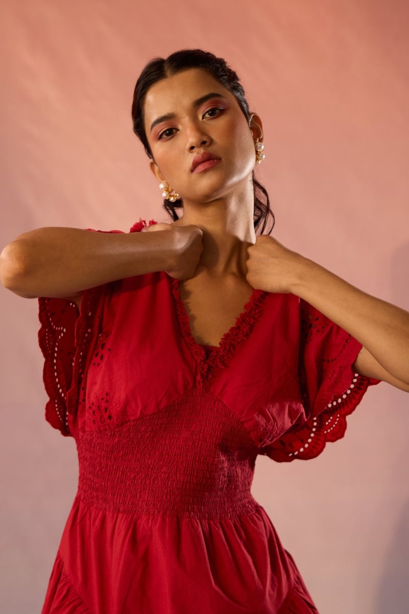 Red Cotton Schiffli V-Neck Smocked Waist Maxi Dress