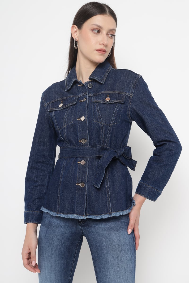Blue Denim Belted Button-Through Blouse — Diana Gallesi