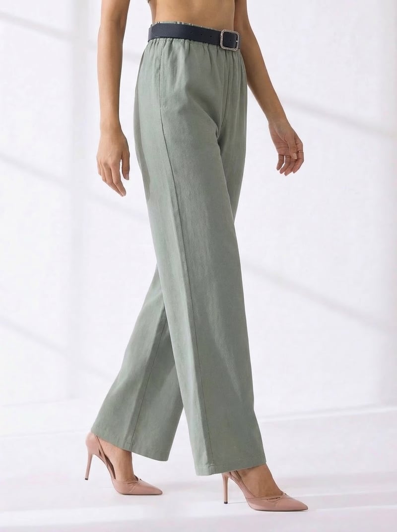 Green High-Rise Wide-Leg Trousers with Belt
