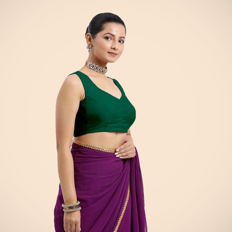 Bottle Green Sleeveless V-Neck Front Open Saree Blouse