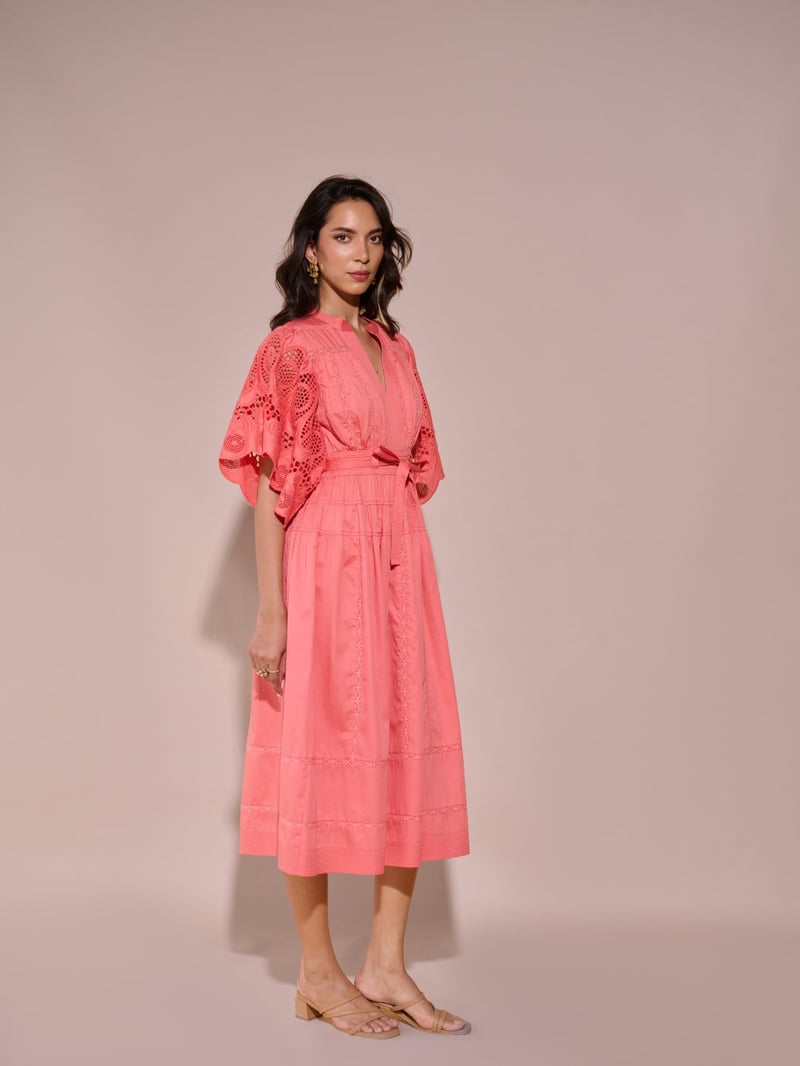 Pink Tiered Midi Dress with Schiffli Sleeves and Belt