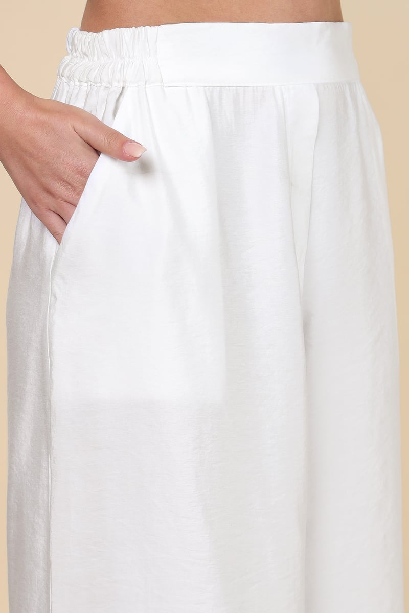 White Wide-Leg Pull-On Trousers with Side Pockets