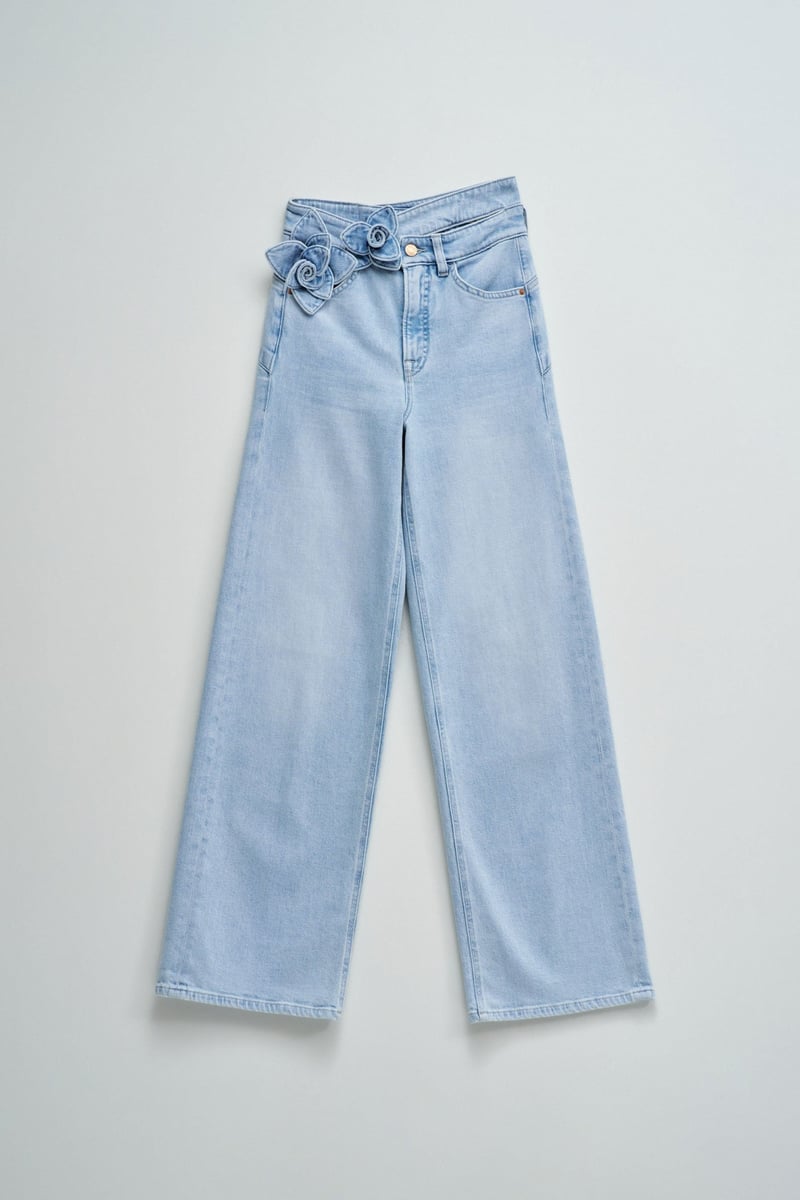 Light Blue High-Waist Wide-Leg Jeans with 3D Flower