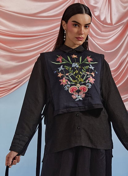 Black Embroidered Shirt and Wide-Leg Trouser Co-ord Set