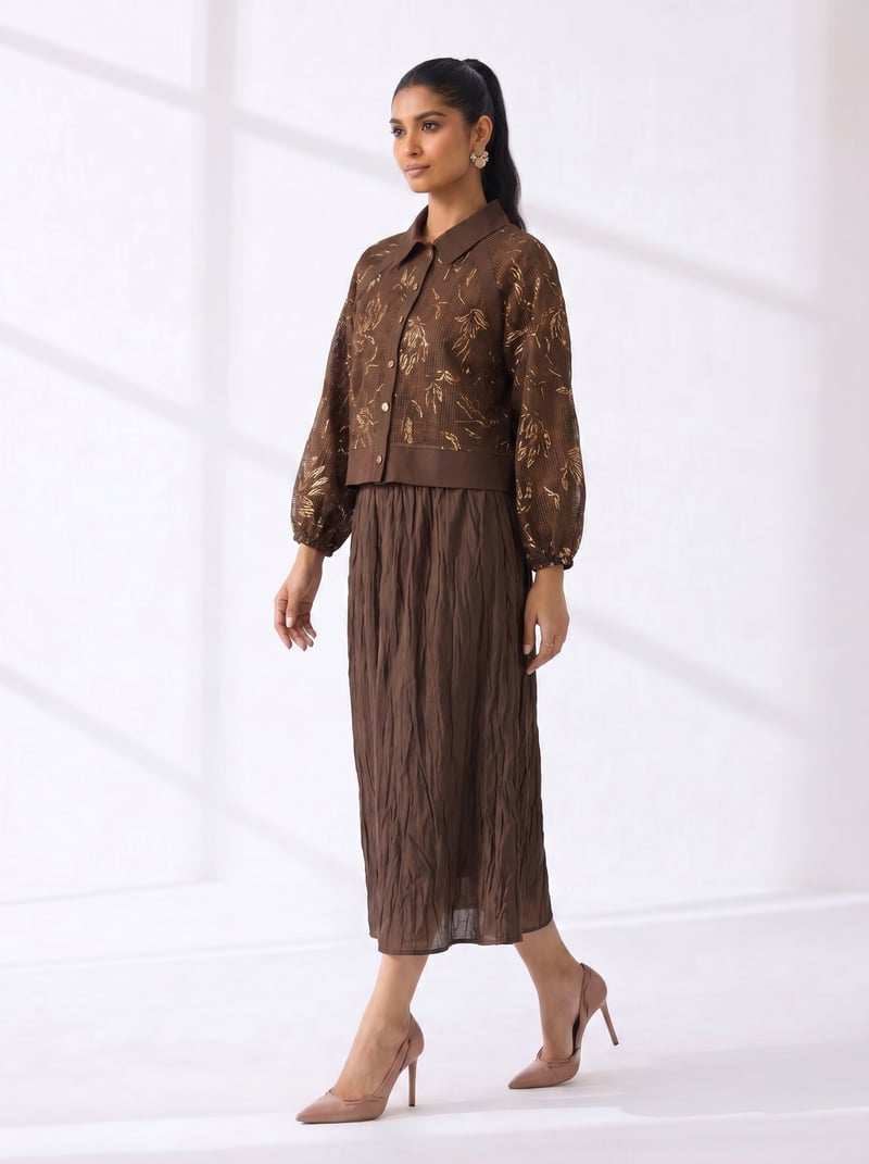 Brown Shirt and Midi Skirt Co-ord Set