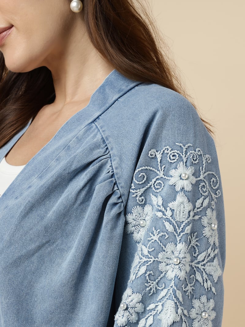 Light Blue Denim-Look Embroidered Longline Jacket